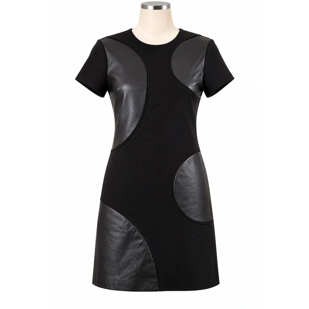RAOUL Black Genuine Leather Panel Shift Dress FR 36 US 4 Short Sleeve